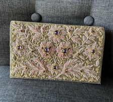VTG Indian Embroidered Handbag Wristlet Gold Silver Black Velvet Made in India