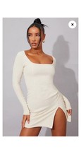 PrettyLittleThings Woman Rib Split Hem Square Neck Long Sleeve Bodycon Dress 6
