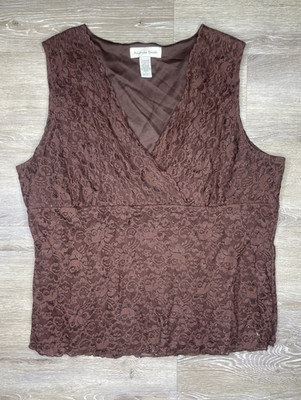 Amanda Smith Women's Brown Floral Lace Sleeveless V-Neck Pullover Top Size L