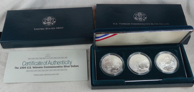 1994-W U.S. Veterans Silver Dollar 3 Coin Set Commemorative US Mint Box CoA