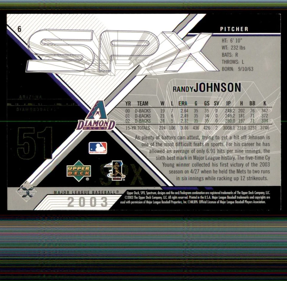 2003 SPX #6 Randy Johnson Arizona Diamondbacks - Image 2 of 2