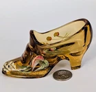Vtg Fenton Amber Glass Ladies Shoe Slipper Hand Painted TJ Mendenhall w/ Label!