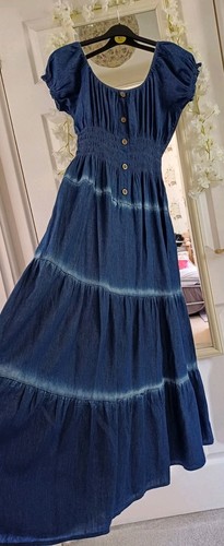Dark Denim Look cotton Maxi Shirred Floaty One Size 👗 Dress 12 14 16 18 ? - Picture 3 of 10
