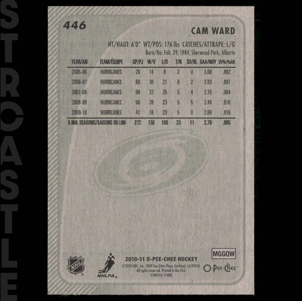 Cam Ward 2010-11 O-Pee-Chee #446 Carolina Hurricanes 🏒 Hockey Card - Image 2 of 3