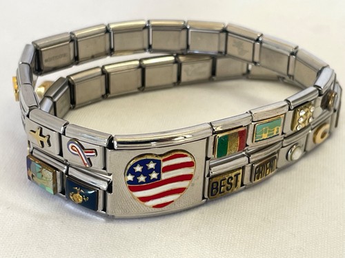 Vintage Double ITALIAN CHARM BRACELET -CHARMS, Marines, Hearts, American Flags