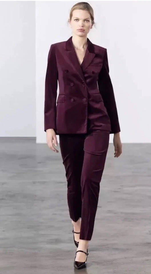 Zara Limited Edition Velvet Burgundy Fitted Blazer & Trousers Size M Co Ord Set
