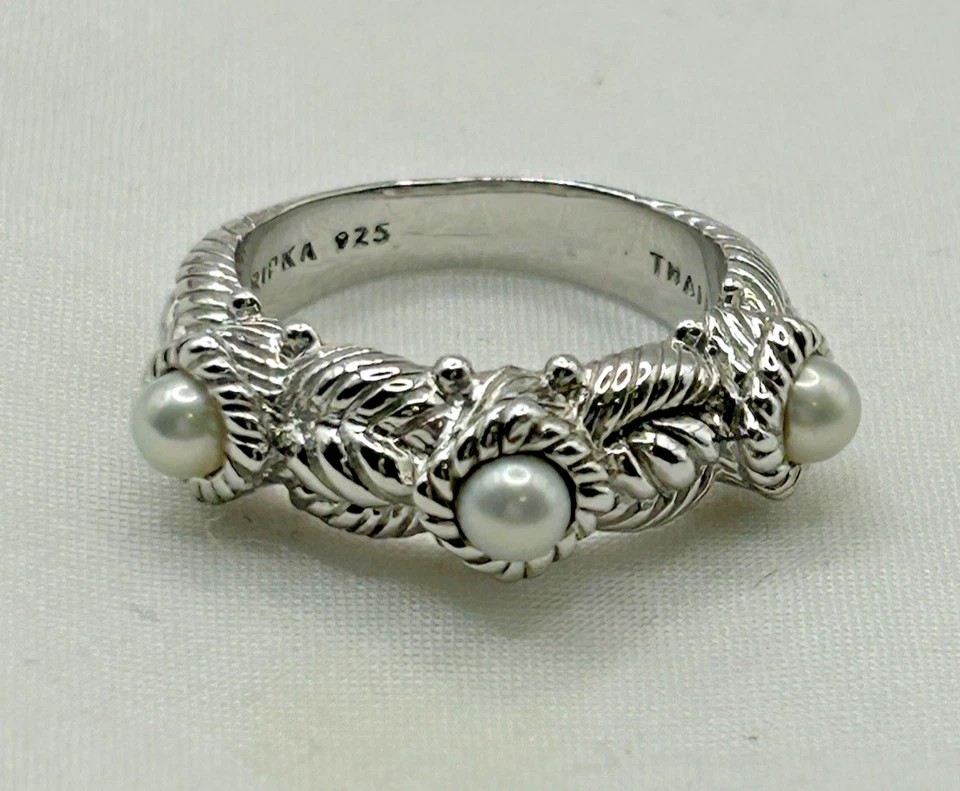 Anillo Judith Ripka Plata Esterlina 3 Perlas Estación Banda Talla 5 Foto 2 de 4
