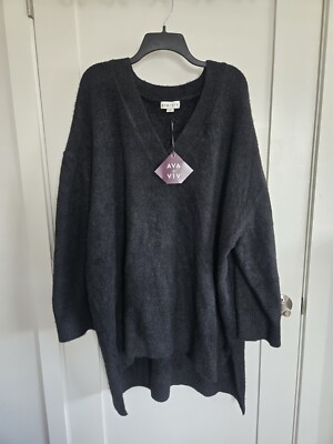  Ava & Viv Women's Fuzzy V-Neck Tunic Pullover Sweater - Black  (Size 3X) New