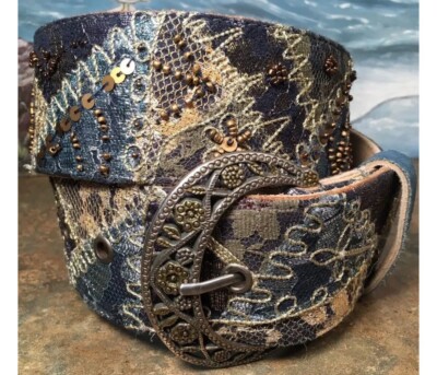 CHICO'S Women's Belt Embroidered Beaded Laced Leather Belt Size S