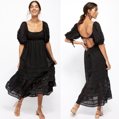 Free People Let's Be Friends Puff Sleeve Pleated Tie Sleeve Midi Dress S  $128 | eBay
