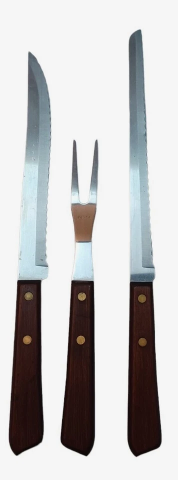 Juego de cuchillos y tenedores de talla de mango de madera vintage Washington Forge Forgecraft de 3 piezas Foto 2 de 4