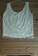 VTG Womens Sequin AB Ivory Iridescent Silk Tank Disco 70s Cami 40 Bust