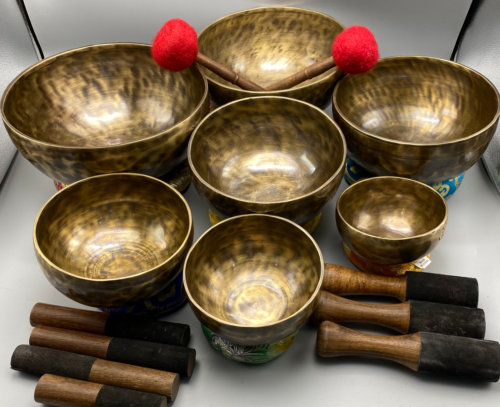 5"-10" Chakra frequency tuned antique SINGING BOWL - SET OF 7 Handmade in Nepal