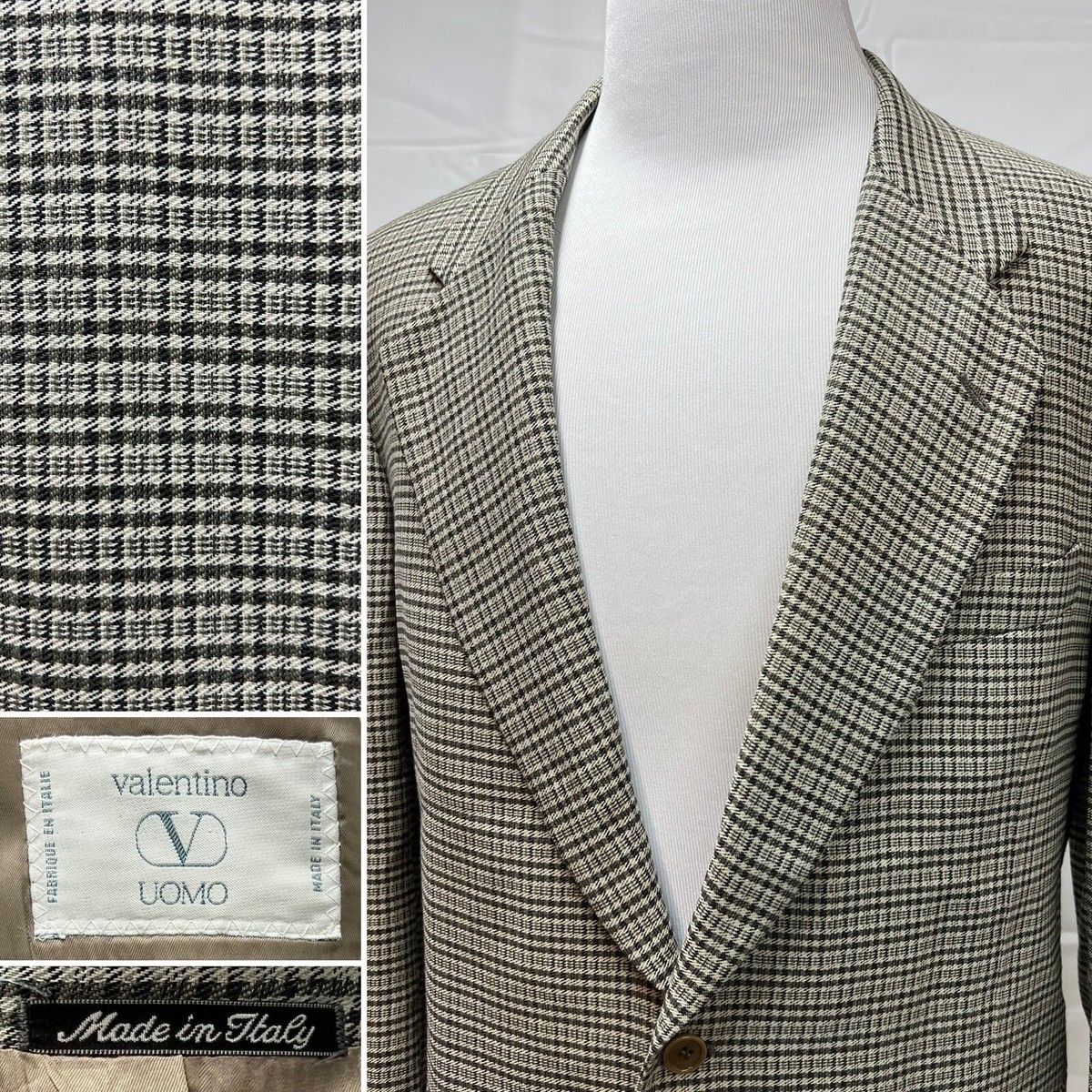 Men's Vintage Valentino Taupe Olive Plaid Beige 2-Button 42S