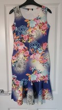LOVELY BLUE COLOURFUL PINK YELLOW FLORAL RUFFLE HEM BODYCON SHIFT DRESS - 10
