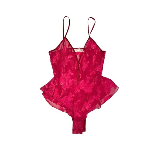 Vintage Victoria's Secret Gold Label S Bodysuit Berry Red Sheer *Flaw