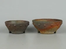 Japanese Bonsai pot ECHIZEN BUNZAN signed Rivets Round Brown Set of 2 φ4.3" *598