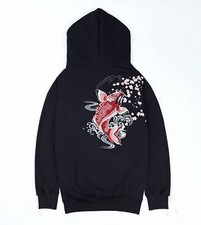 Niepce Unisex Japanese Koi Fish Embroidery Hoodie Black Streetwear Sweatshirt