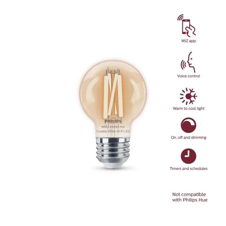 PHILIPS 40-W Equiv G16.5 Smart Wi-Fi LED Light Bulb Tunable White, WiZ Bluetooth - Image 2 of 4