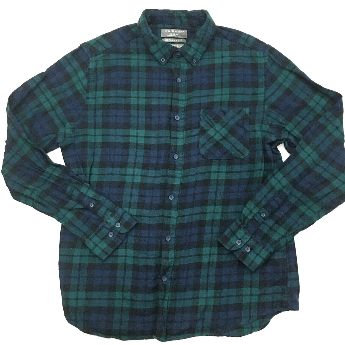 PRIMARK Regular Fit Plaid FLANNEL Shirt Green Black Check Long Sleeve Men Sz XL