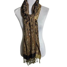 Cejon Paisley Tassel Scarf Shawl Wrap VTG Fashion Floral Black Gold Made India