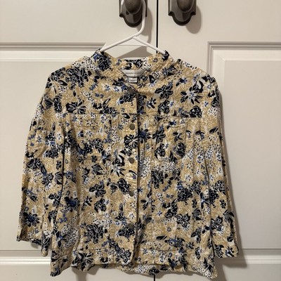 Christopher & Banks Floral Button Front Shirt Beige Blue Black White M