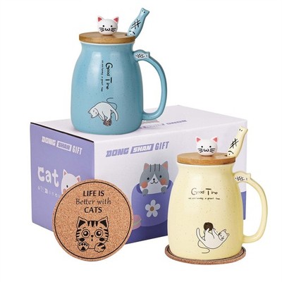 Kawaii Katze Becher Set - 2 süße Keramik Kaffee Tee Tassen mit Deckel & Löffel - 15oz/50