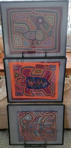 Vintage Kuna Native Hand Stitch Mola Textile Art, Panama, Set Of 3, Framed