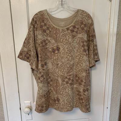 Liz & Me Tan Paisley Plus Short Sleeve Round Neck Casual T Shirt Top 3X 26 28