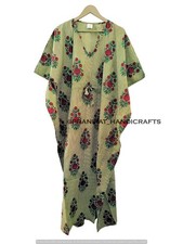 Ethnic Floral Print Summer Cotton Green Sleepwear Long Maxi Women Caftan Dress