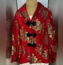 Red and Gold Floral Soft Brocade Jacket with Black Toggle Closure Size M-L