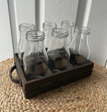 Vintage glass milk bottles in Brown wooden crate Home Decor Flower Vases X 6
