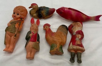 Vintage Lot Of 6 Celluloid Toys Santa Kewpie Rabbit Chicken Fish Duck Collection