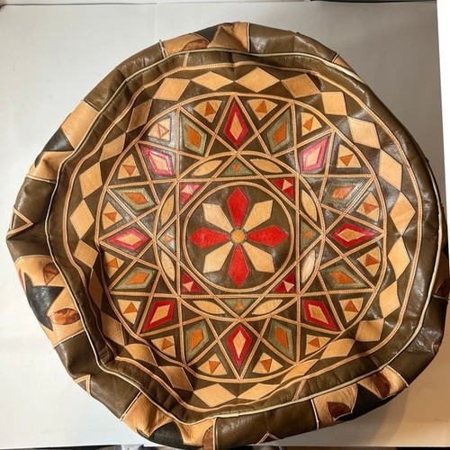 Vintage Moroccan Leather Pouf Ottoman Patchwork Boho Floor Pillow Brown Tan 20"