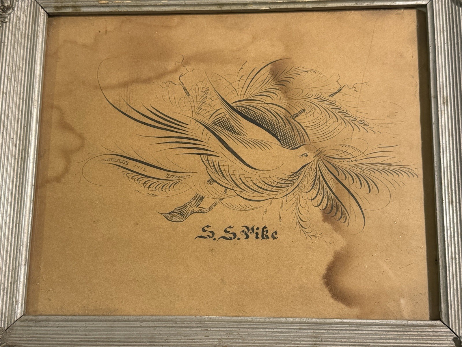 Antique Original SS Pike Calligraphy Folk Art Drawing of Bird Dove & Fruit