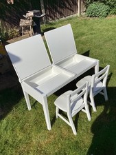 Child’s Double Desk and Two Chairs Painted White Wood Old School Furniture Set