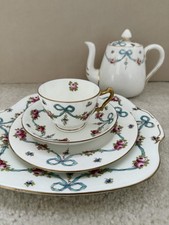 Crown Staffordshire England Blue Bow Ribbon Cup & Saucer Roses; Teapot Set
