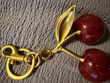 Glitter Cherry Keychain Gold Plated Cherry Bag Charm Purse Key Ring