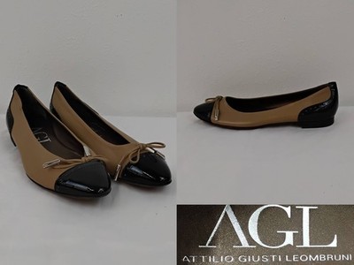 Attilio Gusti Leombruni Leather Cap Toe Ballet Flats Size 37.5 Tan/Black #J5019