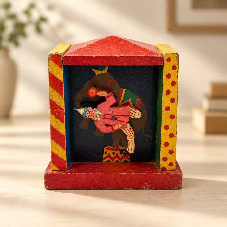 Vintage Mexican Folk Art Wooden Automaton Mechanical Toy Hand Painted Box  As Is