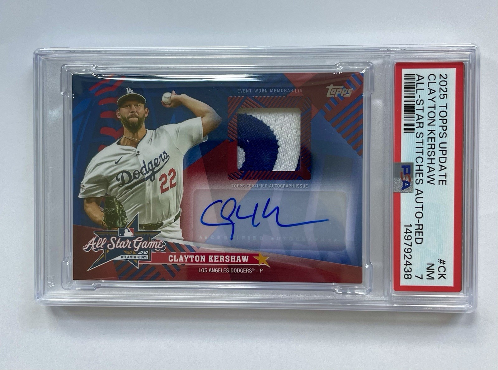 2025 Topps Update Clayton Kershaw Red 5/5 Game-Worn Patch Auto PSA 7 LA Dodgers