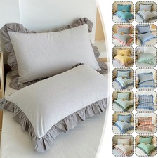 Home Washed Cotton Pillowcase 48x74cm Bedding Stripe Pillow Cover Ruffled 1 Pair