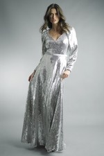 Sequin-Embellished Long Sleeve Wrap Gown