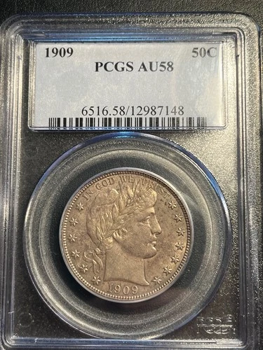 1909 Barber  50 Cents - Beautiful PCGS AU58 Slider Sharp Strike toned Luster
