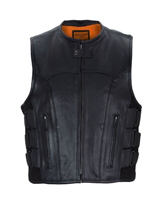 Black Biker Men's Black Bullet Proof Style Leather Club Vest with Side Straps