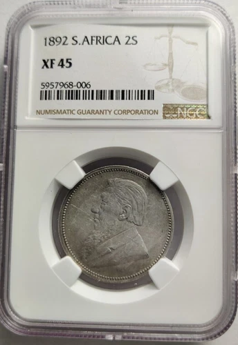 1892 South Africa SILVER Two 2 SHILLINGS NGC GRADED XF-45, Rare Coin KM# 7 5A