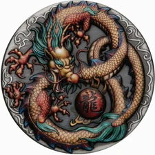 Tuvalu 2022 RAINBOW IMPERIAL DRAGON $2 2 Oz Silver High Relief Antiqued Full OGP