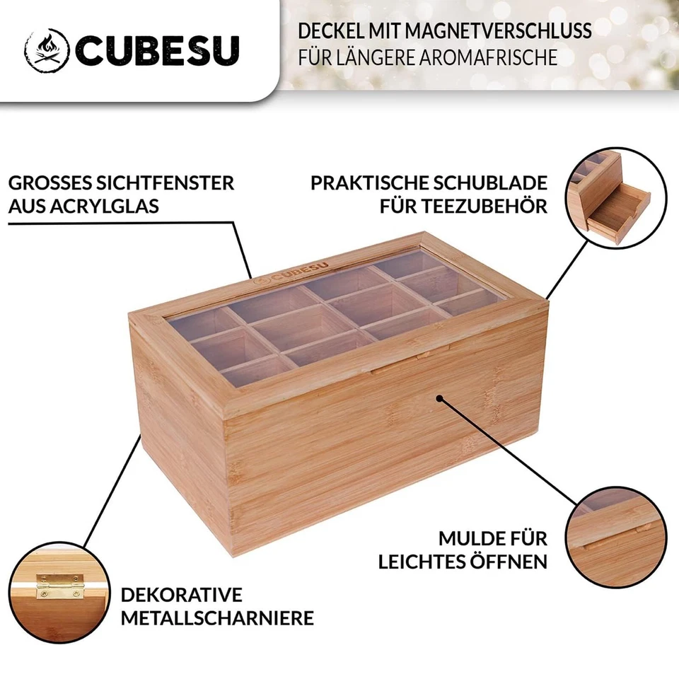 Premium Holz Teebox 12 Fächer mit Sichtfenster & Schublade Teebeutelbox Teekiste - Bild 4 von 4