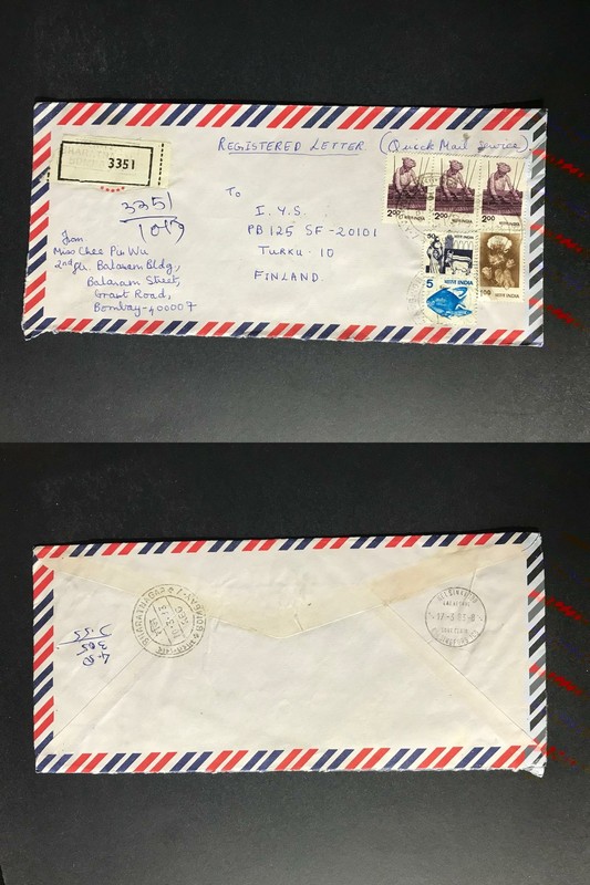 India Registered Cover to Finland City Cancel 1980s-1990s Cover #2034