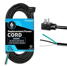 12 Gauge Flat Plug Replacement Power Cord 6 ft - 15 Amp Appliance Extension C...